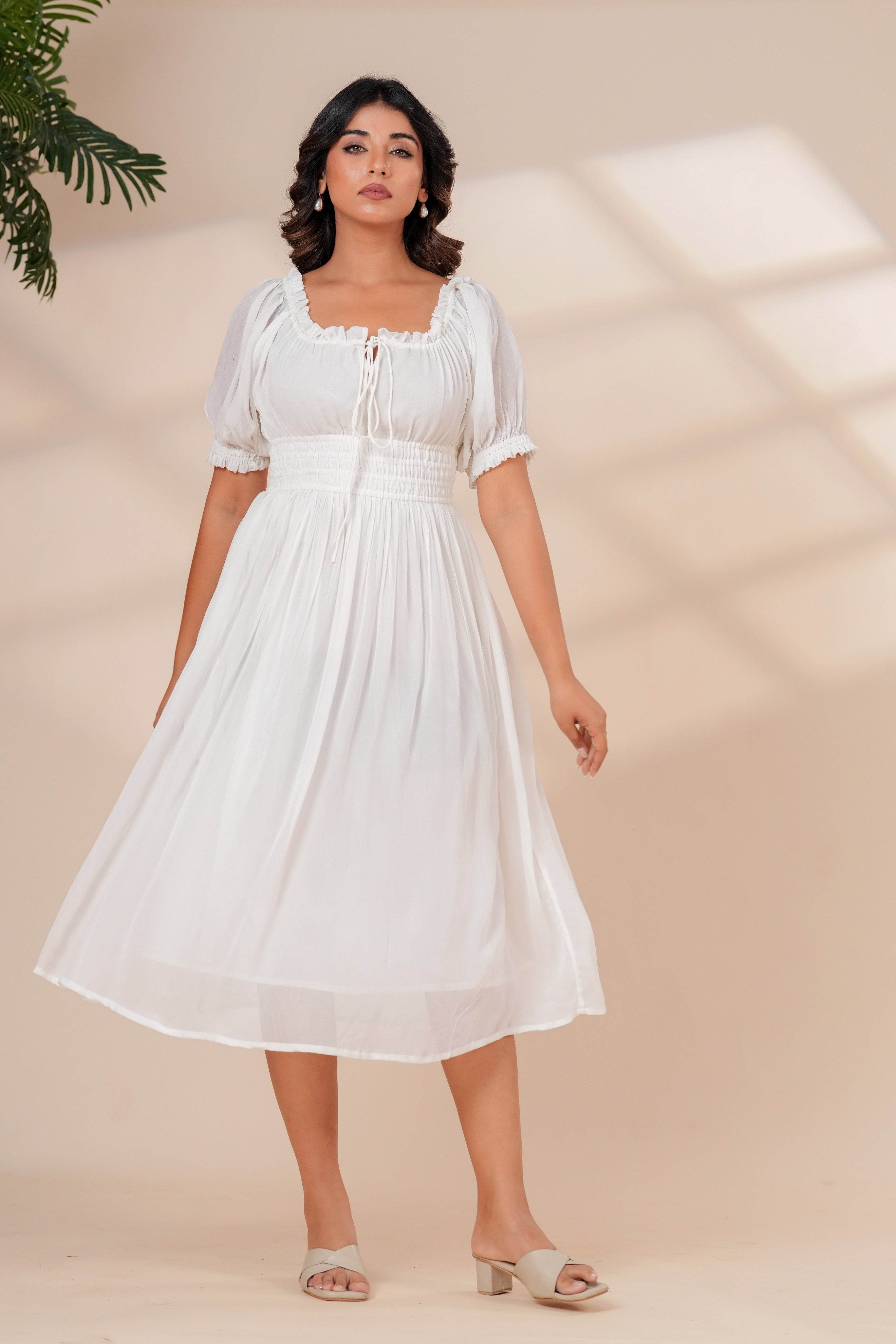 White Cotton Smocked Midi Dress with Puff Sleeves & Pockets