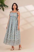 Blue Floral Hand Block Print Cotton Midi Dress with Tie-Up Straps