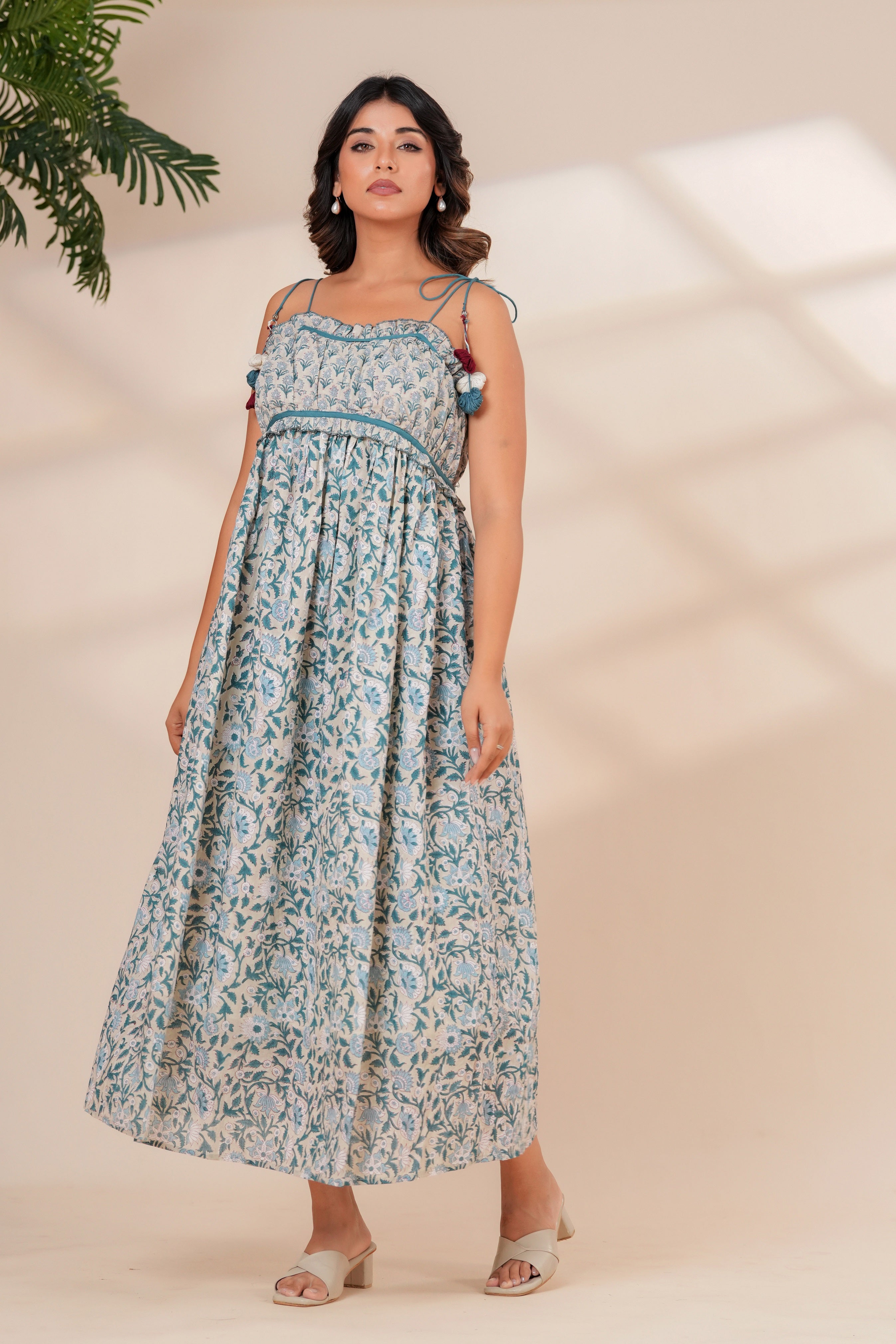 Blue Floral Hand Block Print Cotton Midi Dress with Tie-Up Straps
