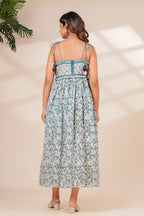 Blue Floral Hand Block Print Cotton Midi Dress with Tie-Up Straps