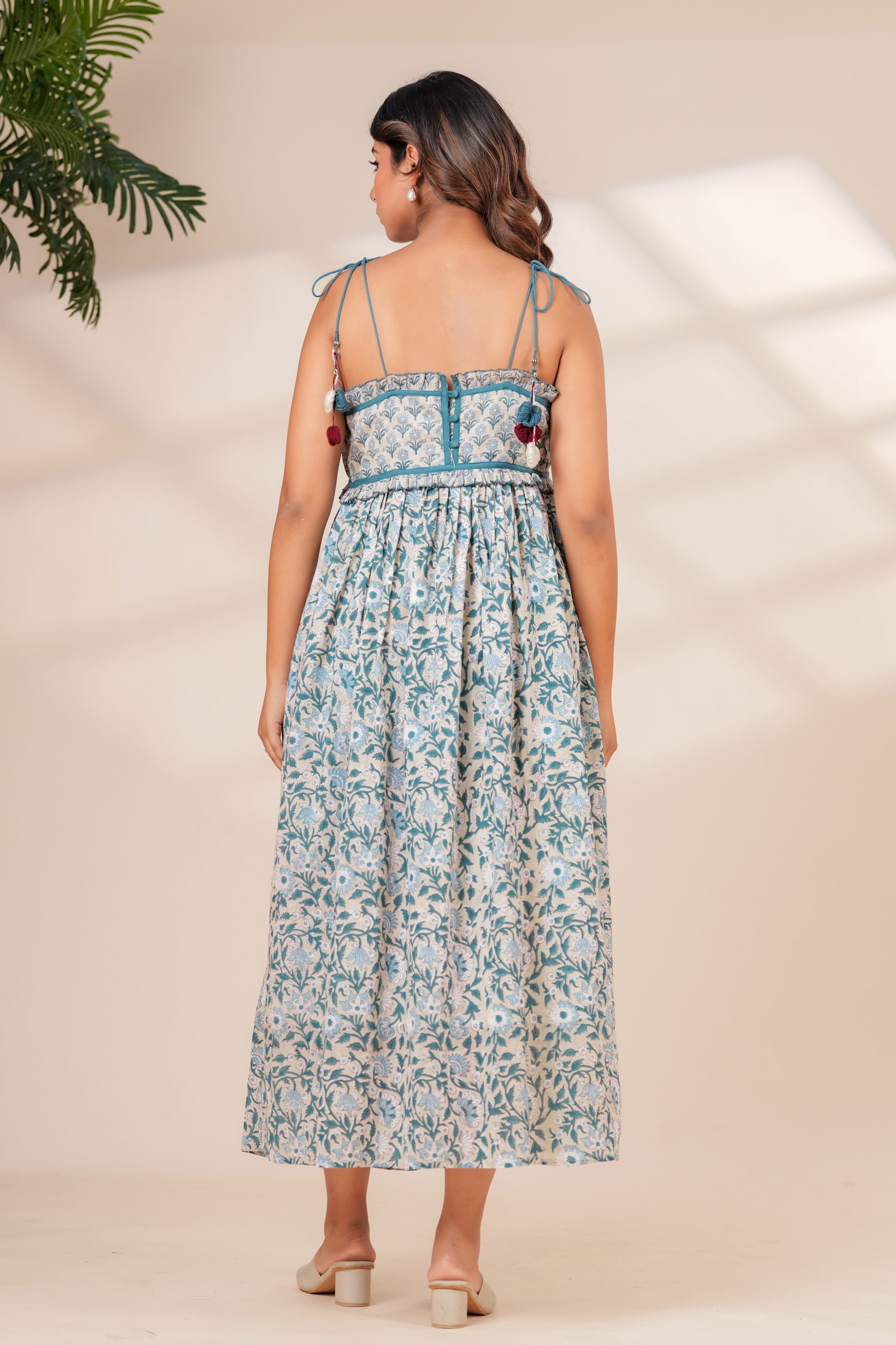 Blue Floral Hand Block Print Cotton Midi Dress with Tie-Up Straps