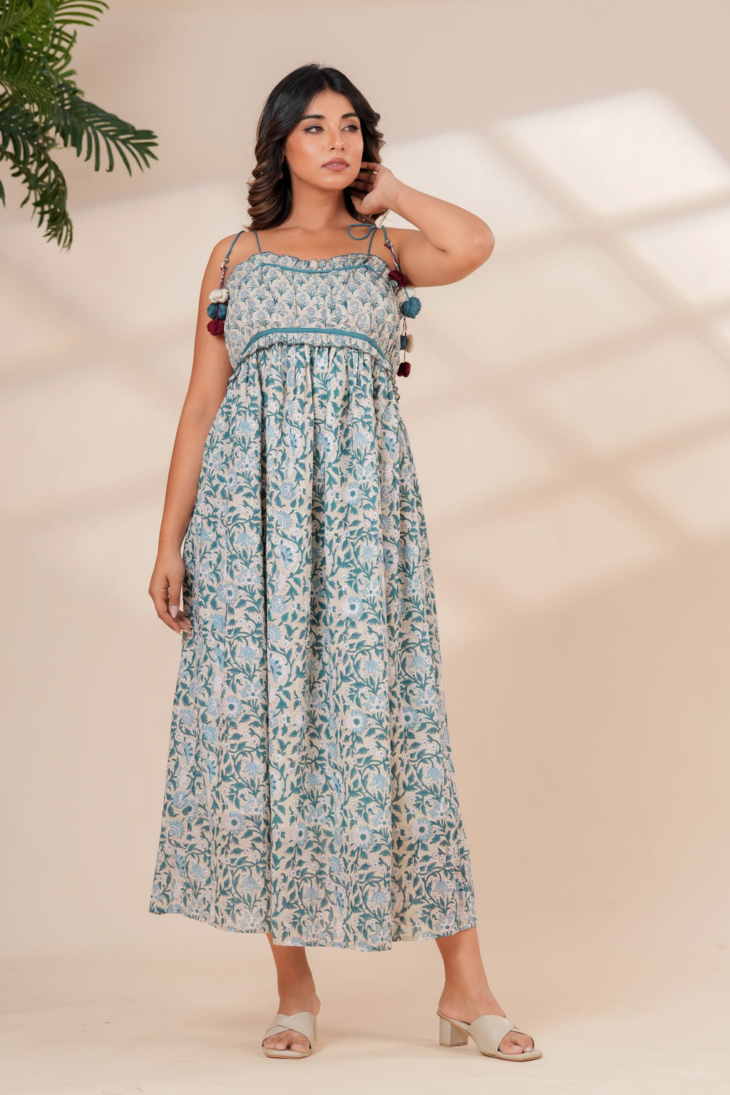 Blue Floral Hand Block Print Cotton Midi Dress with Tie-Up Straps
