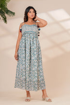 Blue Floral Hand Block Print Cotton Midi Dress with Tie-Up Straps