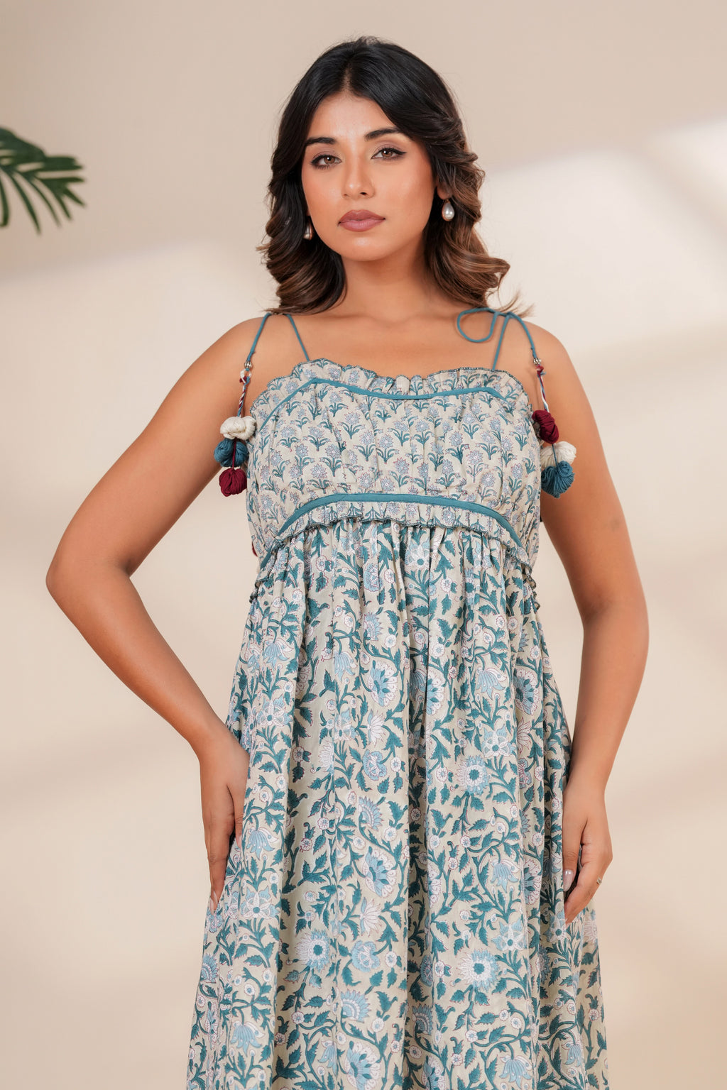 Blue Floral Hand Block Print Cotton Midi Dress with Tie-Up Straps