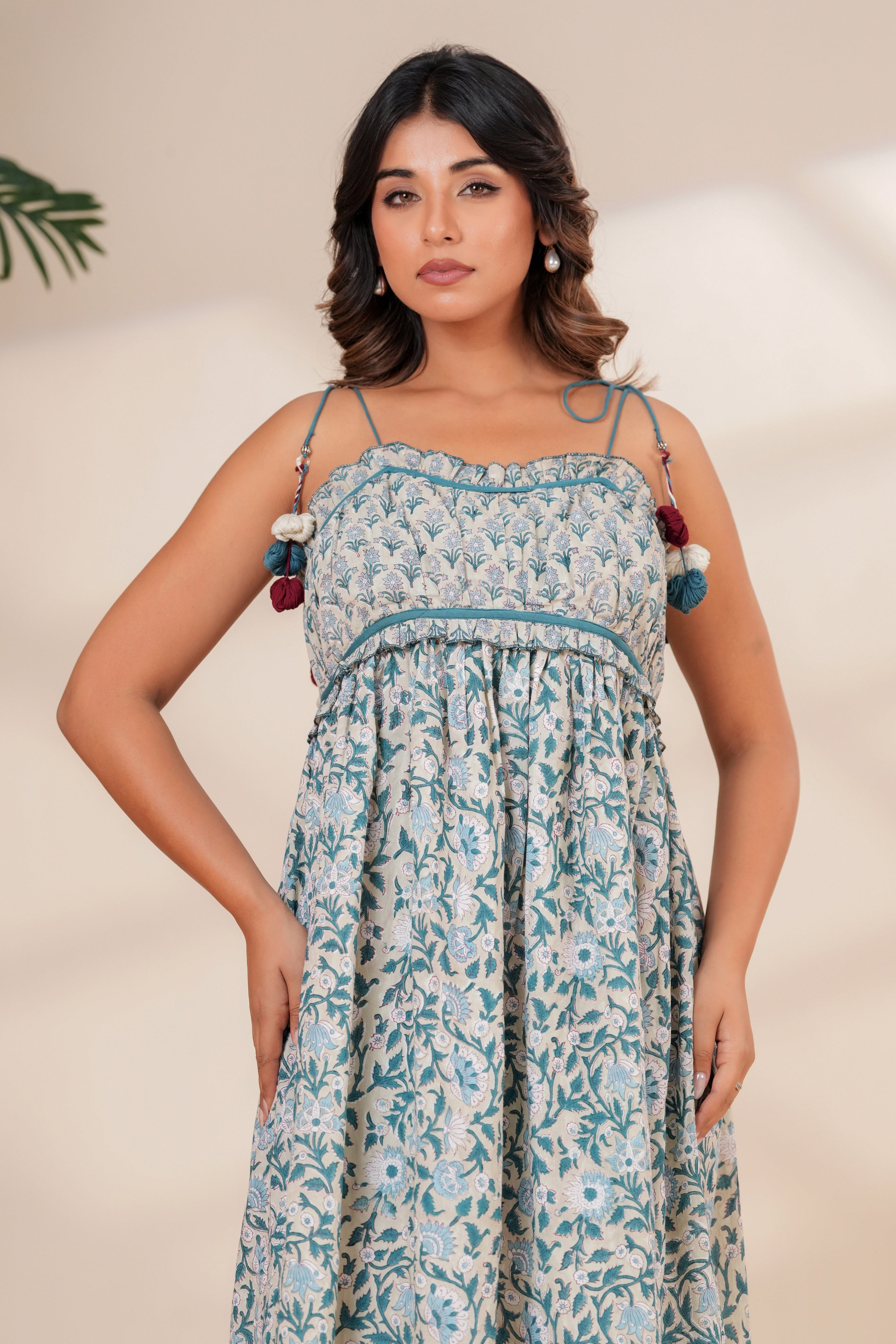 Blue Floral Hand Block Print Cotton Midi Dress with Tie-Up Straps