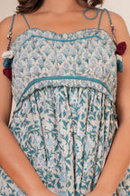 Blue Floral Hand Block Print Cotton Midi Dress with Tie-Up Straps
