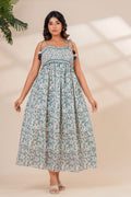 Blue Floral Hand Block Print Cotton Midi Dress with Tie-Up Straps