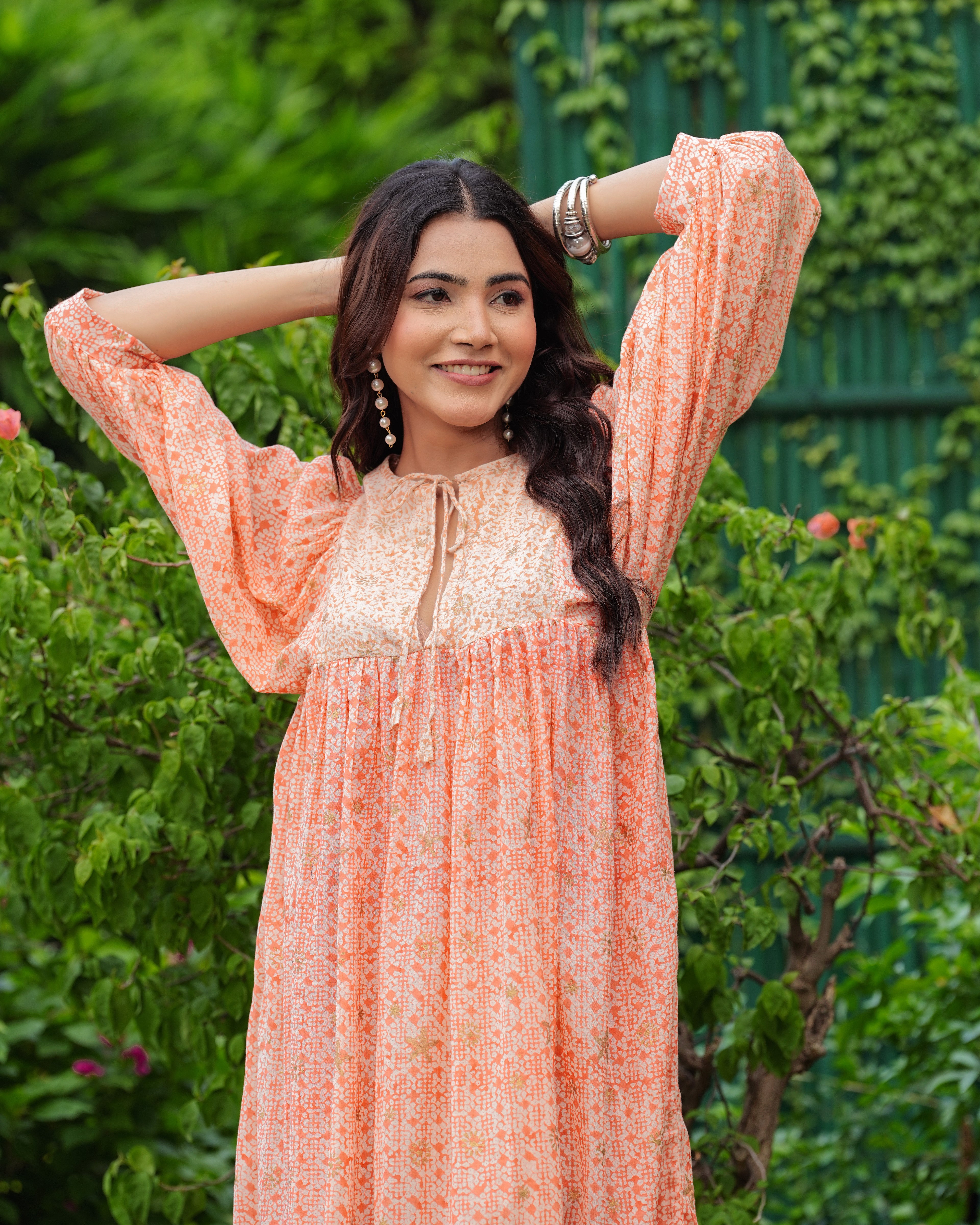 Hand Block Printed Cotton Anisa Orange Midi Dress.