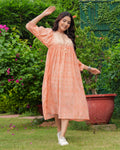 Hand Block Printed Cotton Anisa Orange Midi Dress.