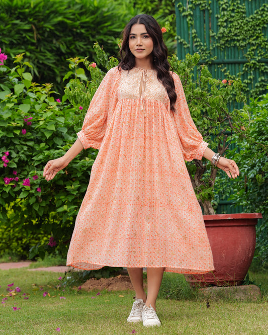 Hand Block Printed Cotton Anisa Orange Midi Dress.