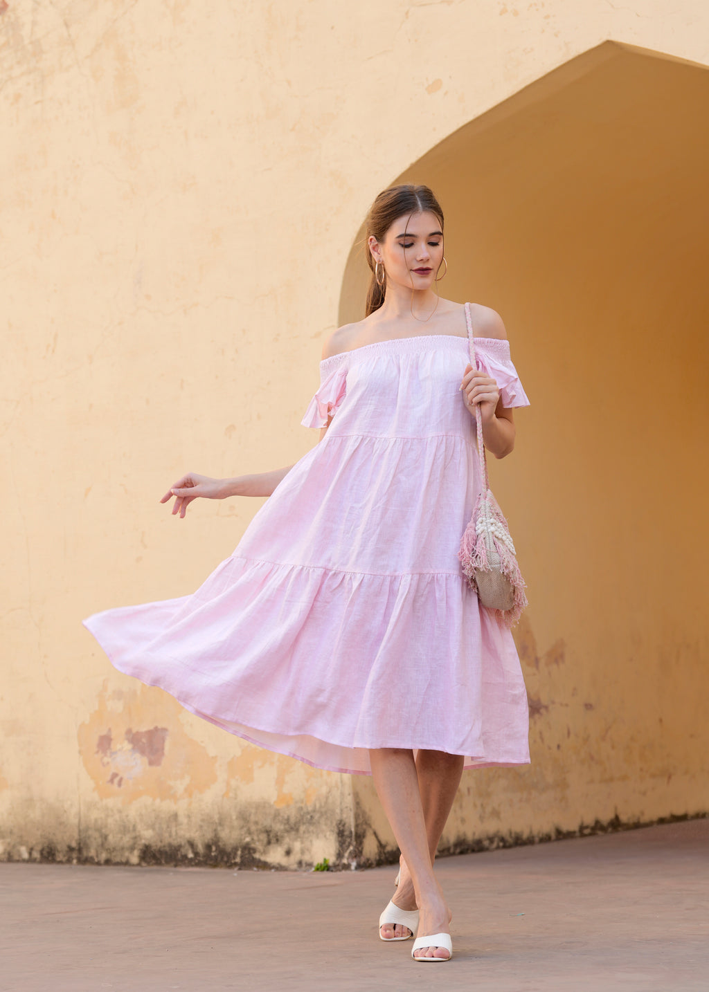 Pink Off Shoulder Amelia Midi Dress Cotton Summer Dress