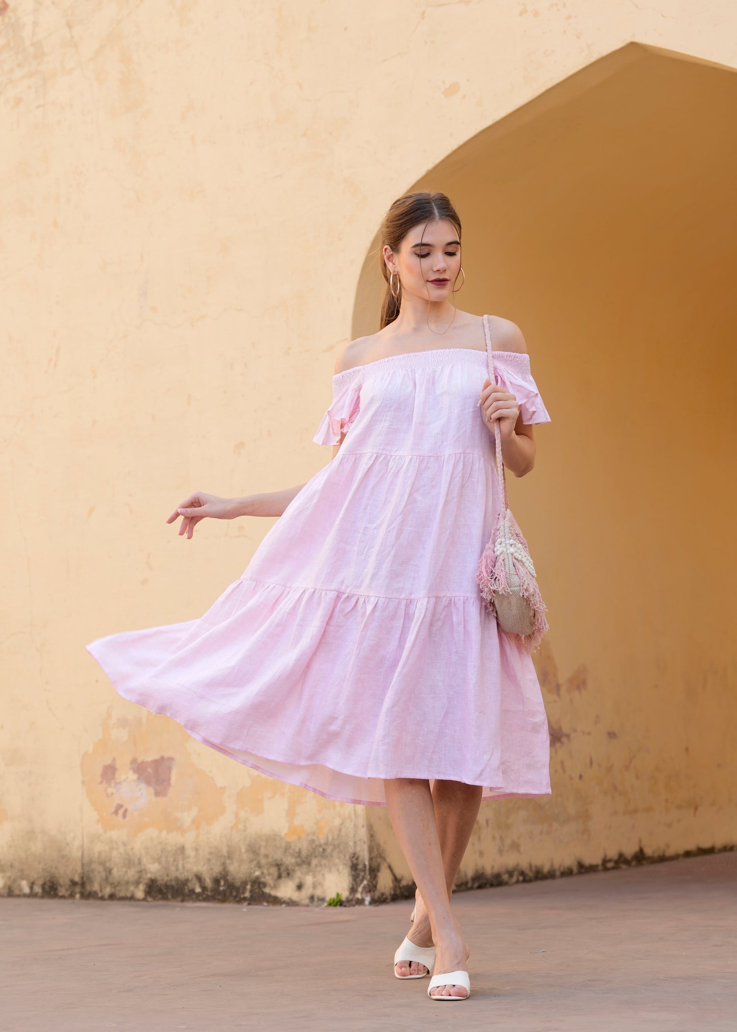 Pink Off Shoulder Amelia Midi Dress Cotton Summer Dress
