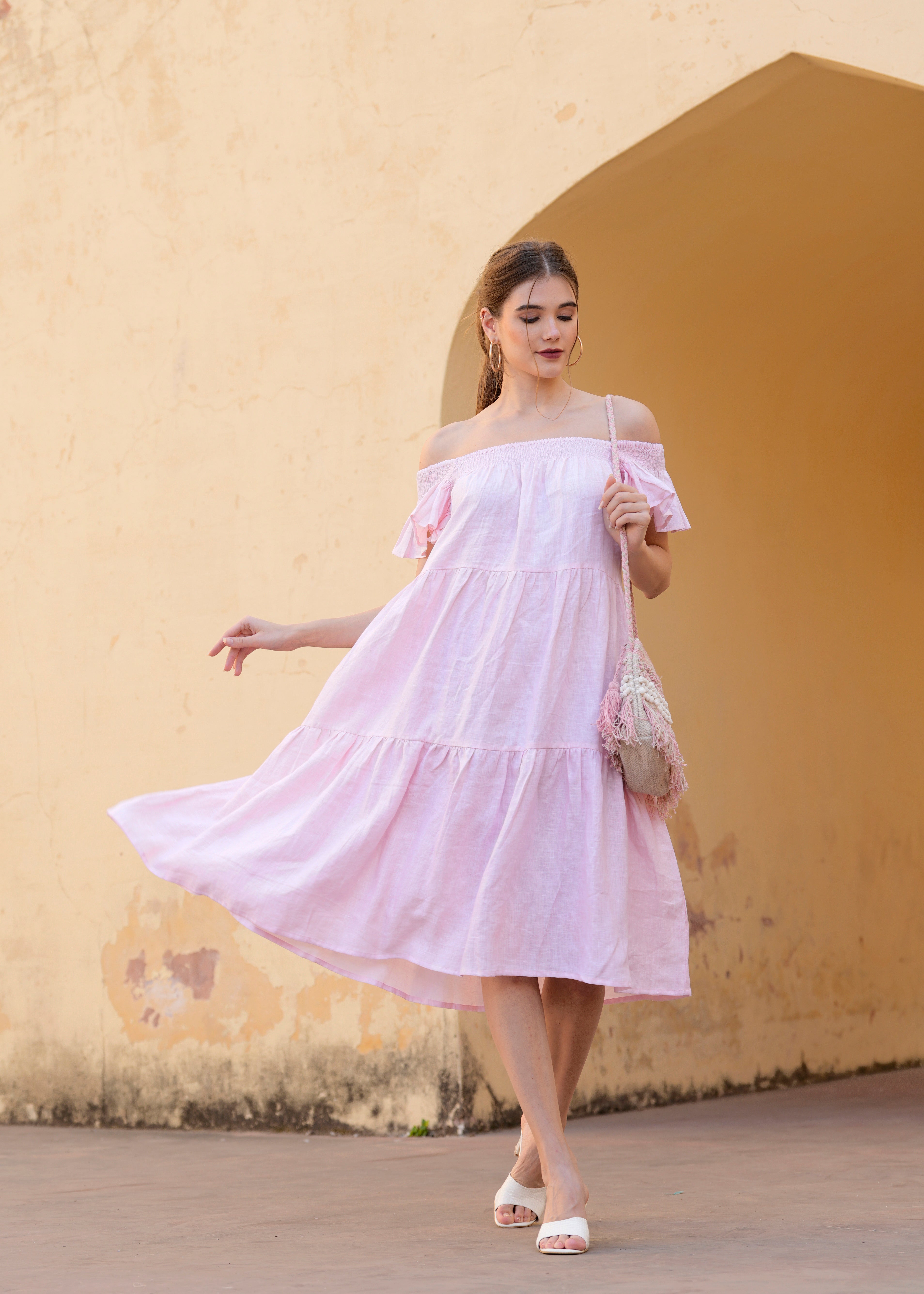 Pink Off Shoulder Amelia Midi Dress Cotton Summer Dress