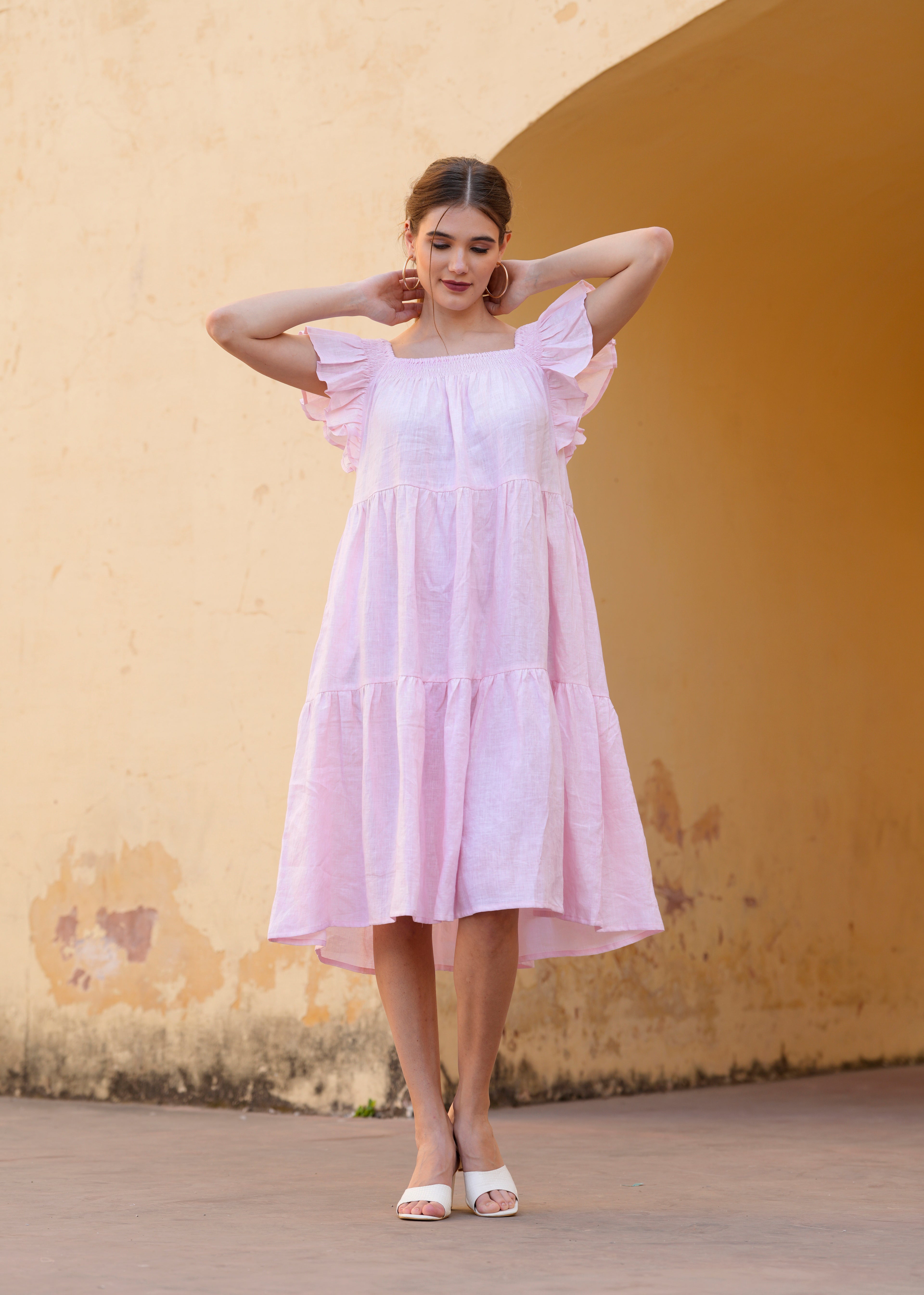 Pink Off Shoulder Amelia Midi Dress Cotton Summer Dress