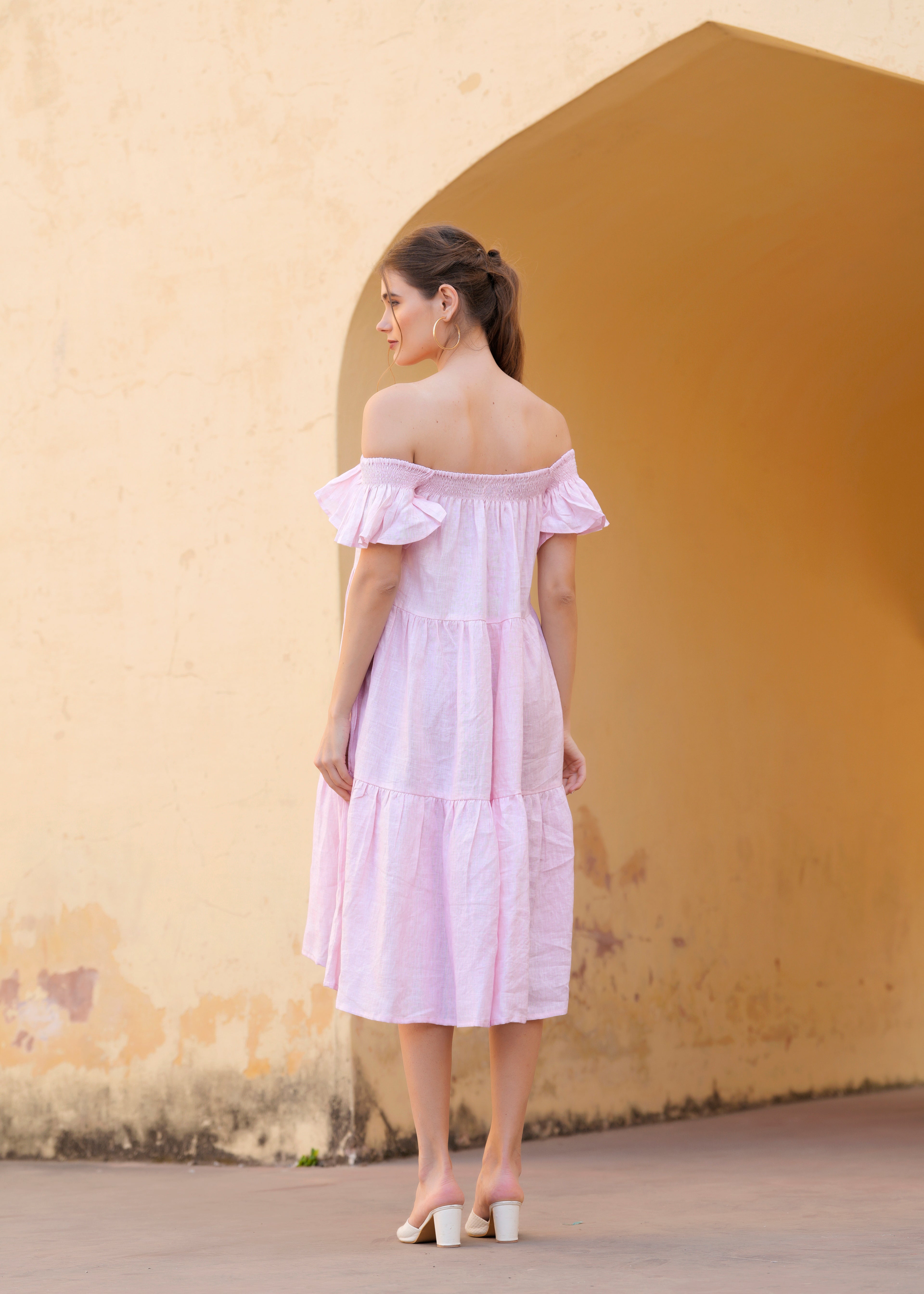 Pink Off Shoulder Amelia Midi Dress Cotton Summer Dress