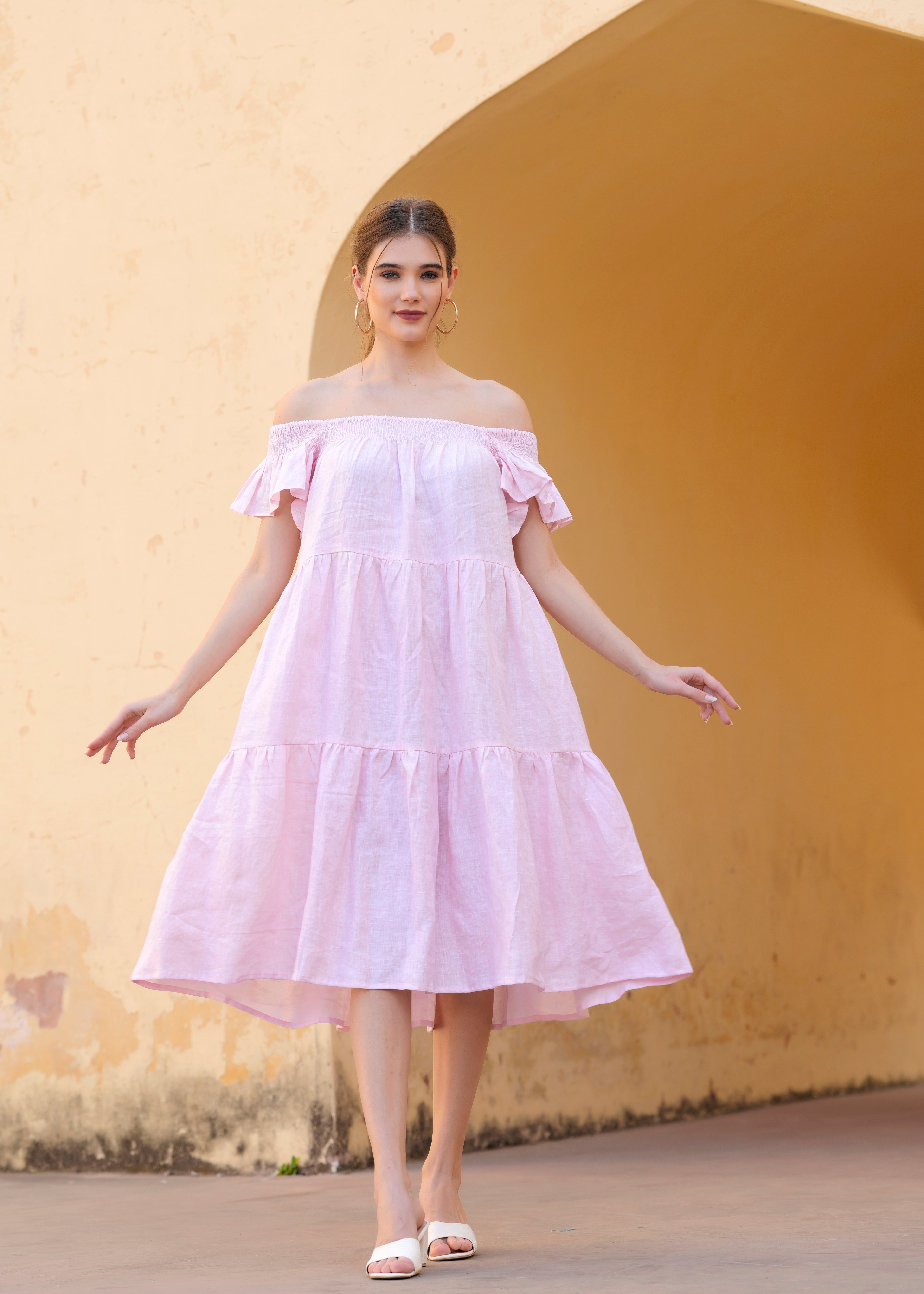 Pink Off Shoulder Amelia Midi Dress Cotton Summer Dress