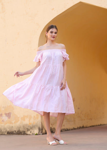Pink Off Shoulder Amelia Midi Dress Cotton Summer Dress