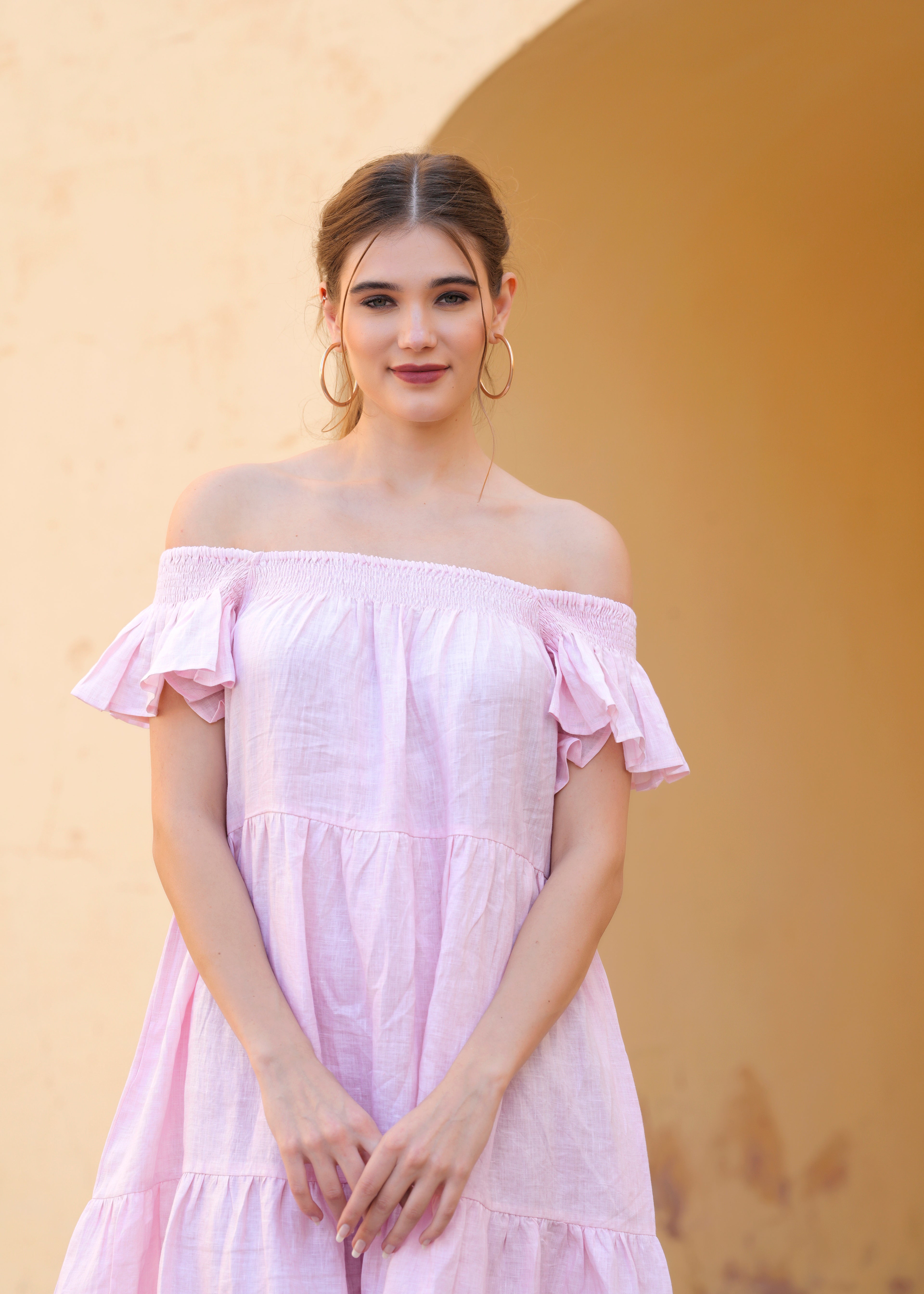 Pink Off Shoulder Amelia Midi Dress Cotton Summer Dress