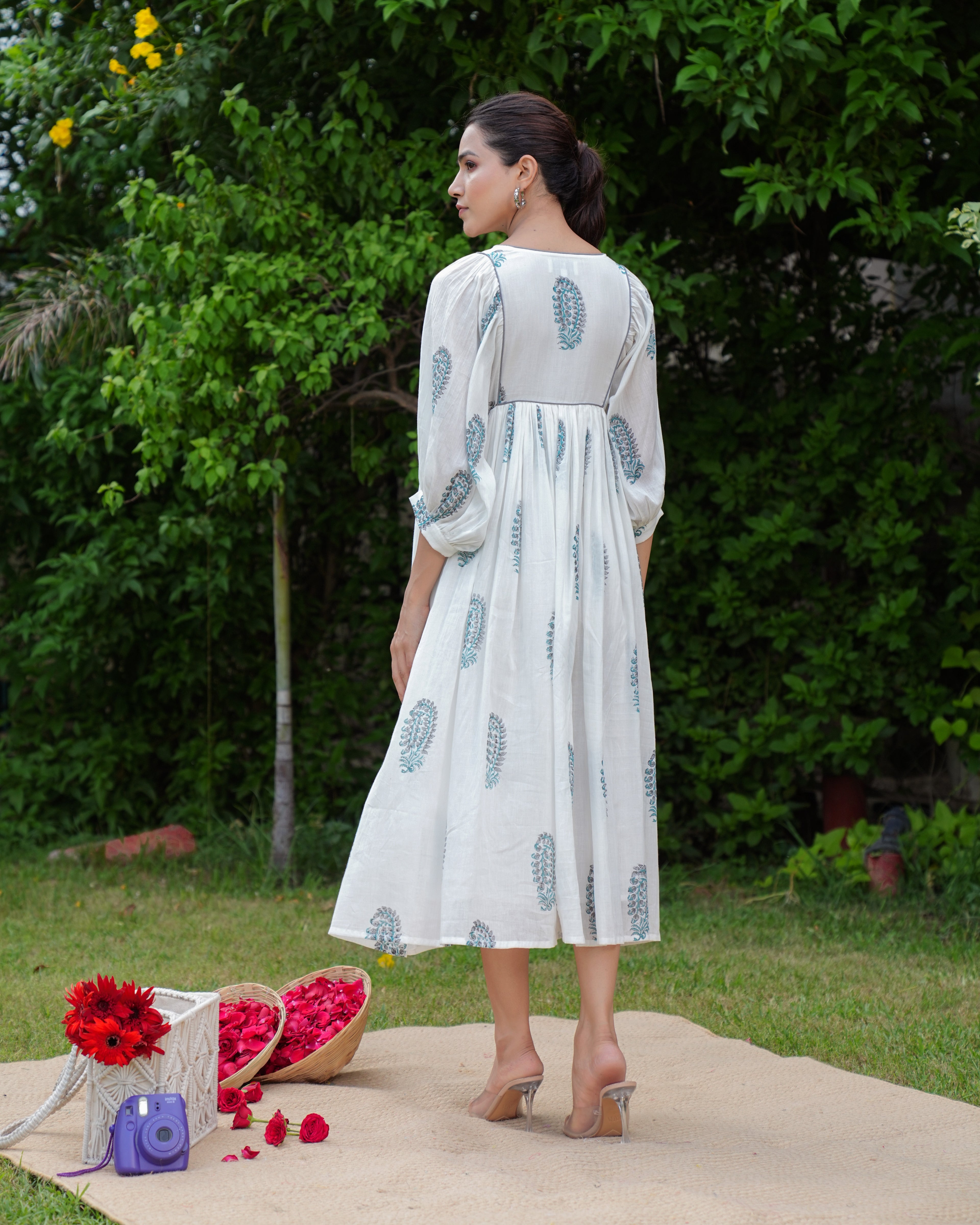 Hand Block Printed Blue Aria Midi Dress