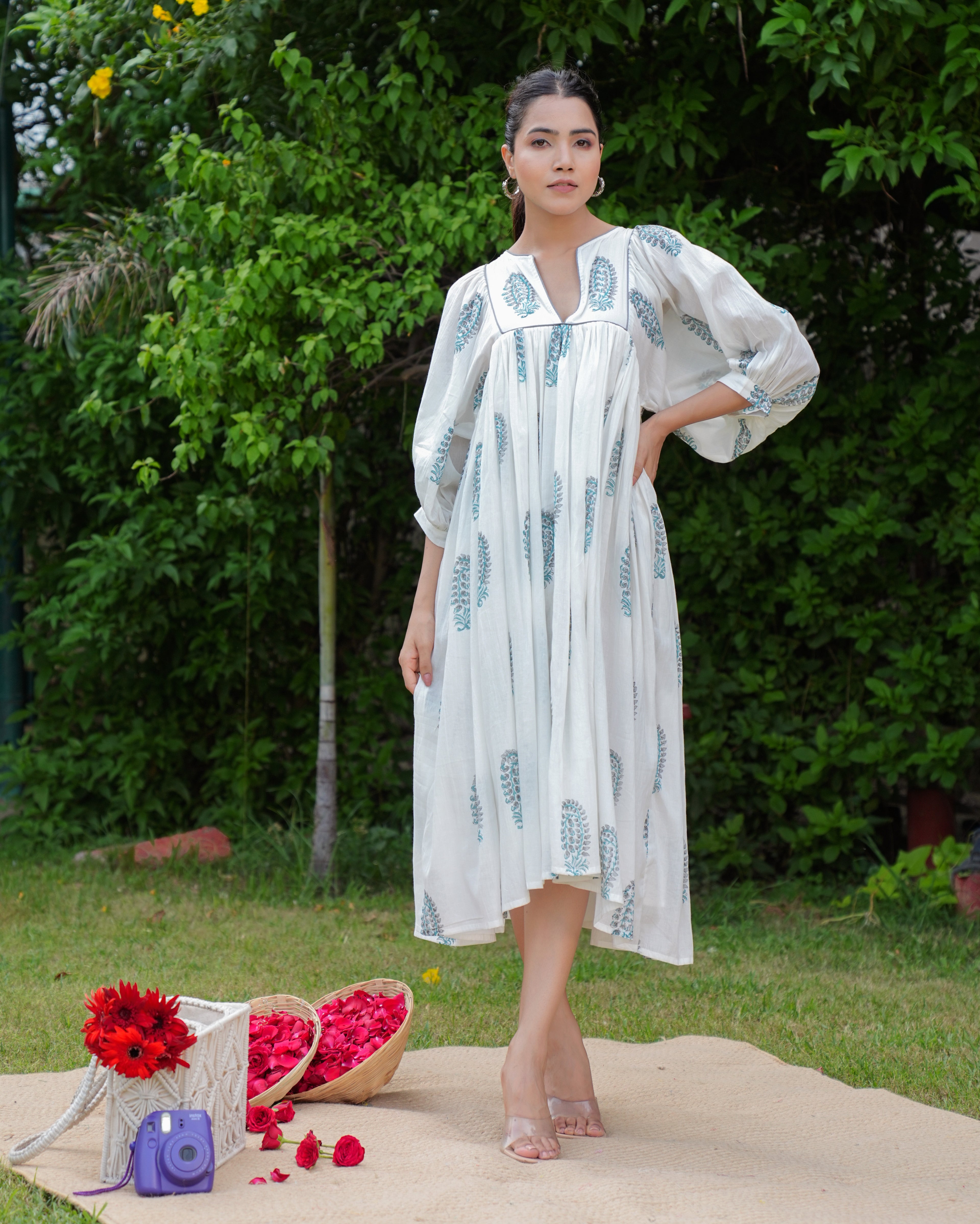 Hand Block Printed Blue Aria Midi Dress