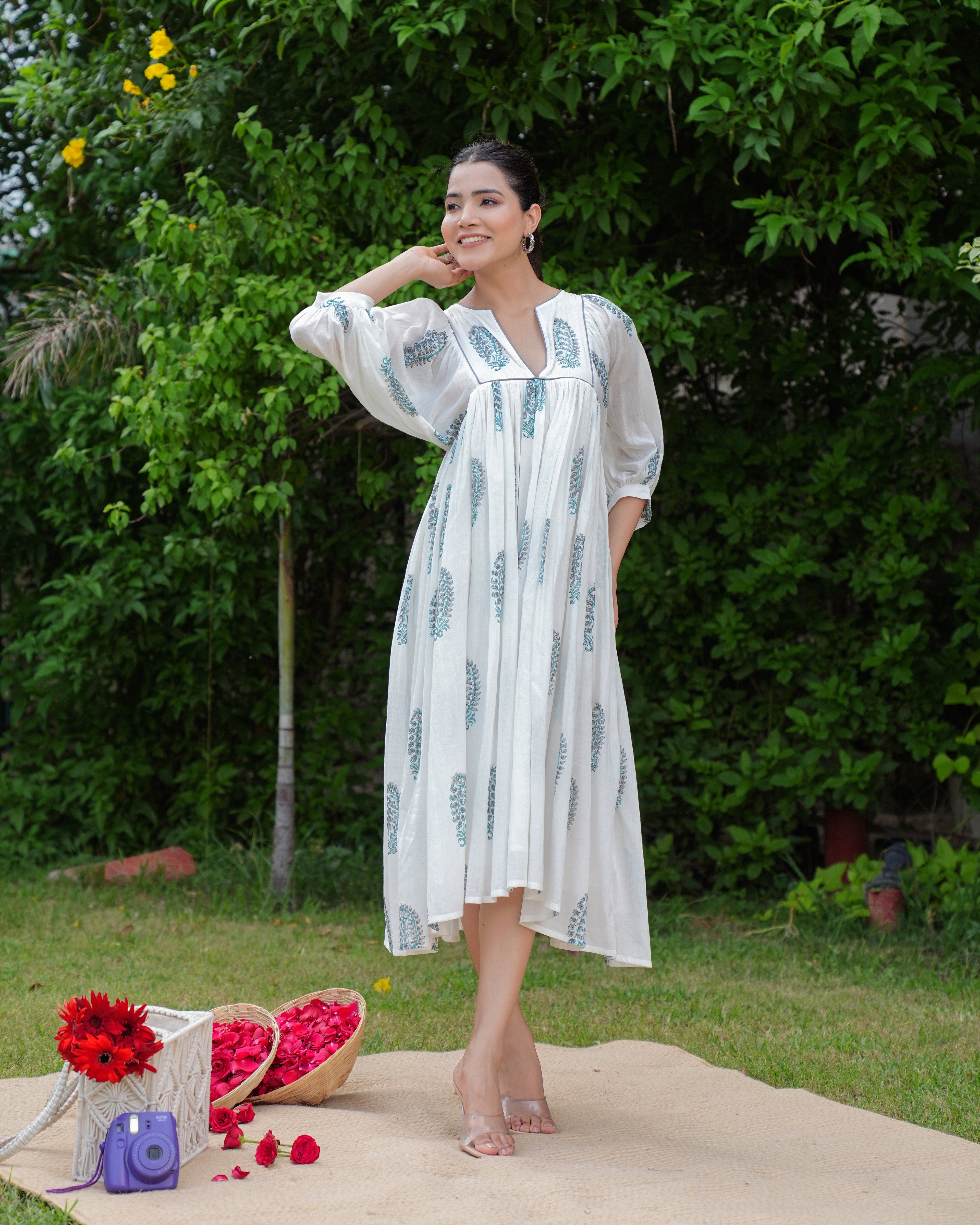 Hand Block Printed Blue Aria Midi Dress