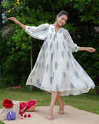 Hand Block Printed Blue Aria Midi Dress