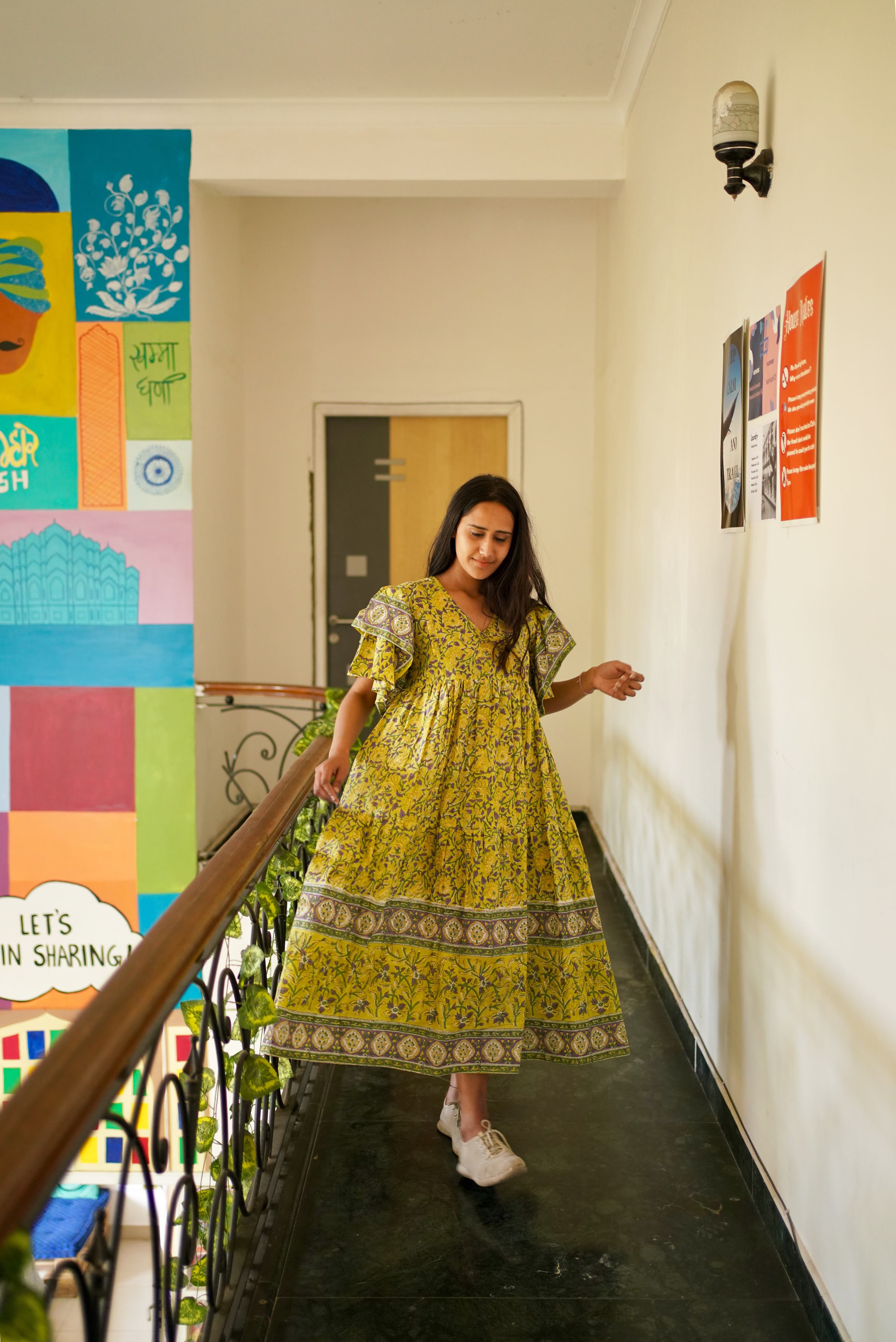 Hand Block Printed Anna Green Midi Hippie Cotton Dress