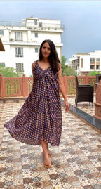 Hand Block Printed Cotton Summer Geometric Print Blue Midi Beach Dress