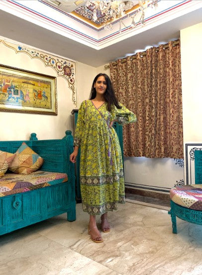 Hand Block Printed Cotton Dulce Wrap Midi Dress