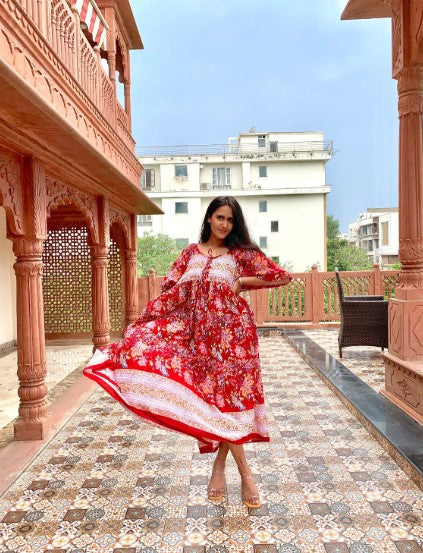 Hand Block Printed Floral Red Freya Midi Dress