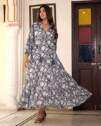 Handblock Printed Cotton New Arrival Vrinda Midi~ Midnight Dress