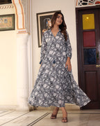 Handblock Printed Cotton New Arrival Vrinda Midi~ Midnight Dress