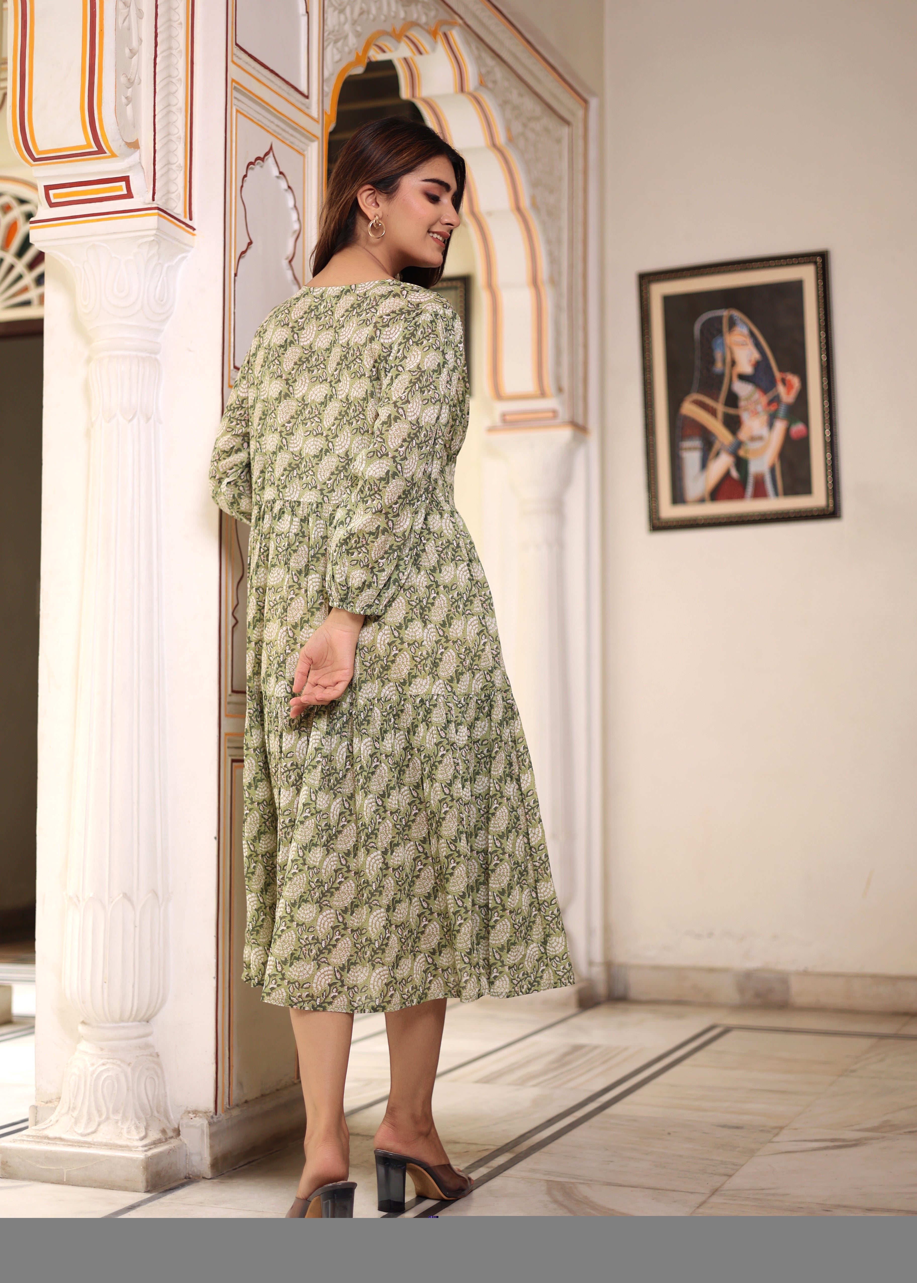 Hand Block Printed Cotton Jean Midi Dress