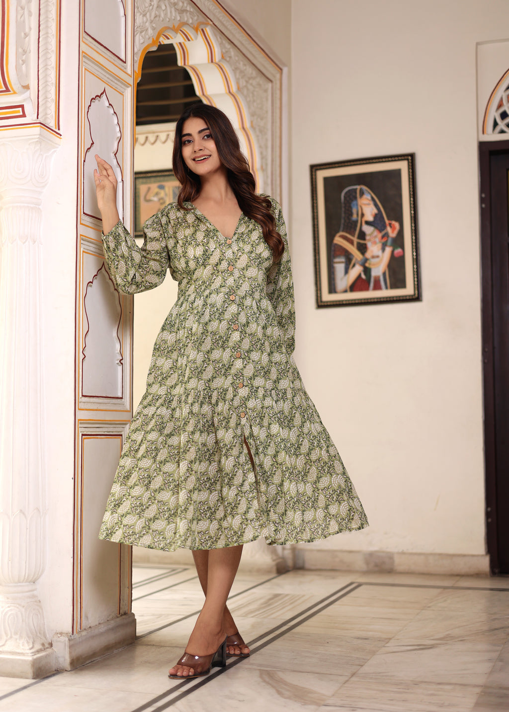 Hand Block Printed Cotton Jean Midi Dress