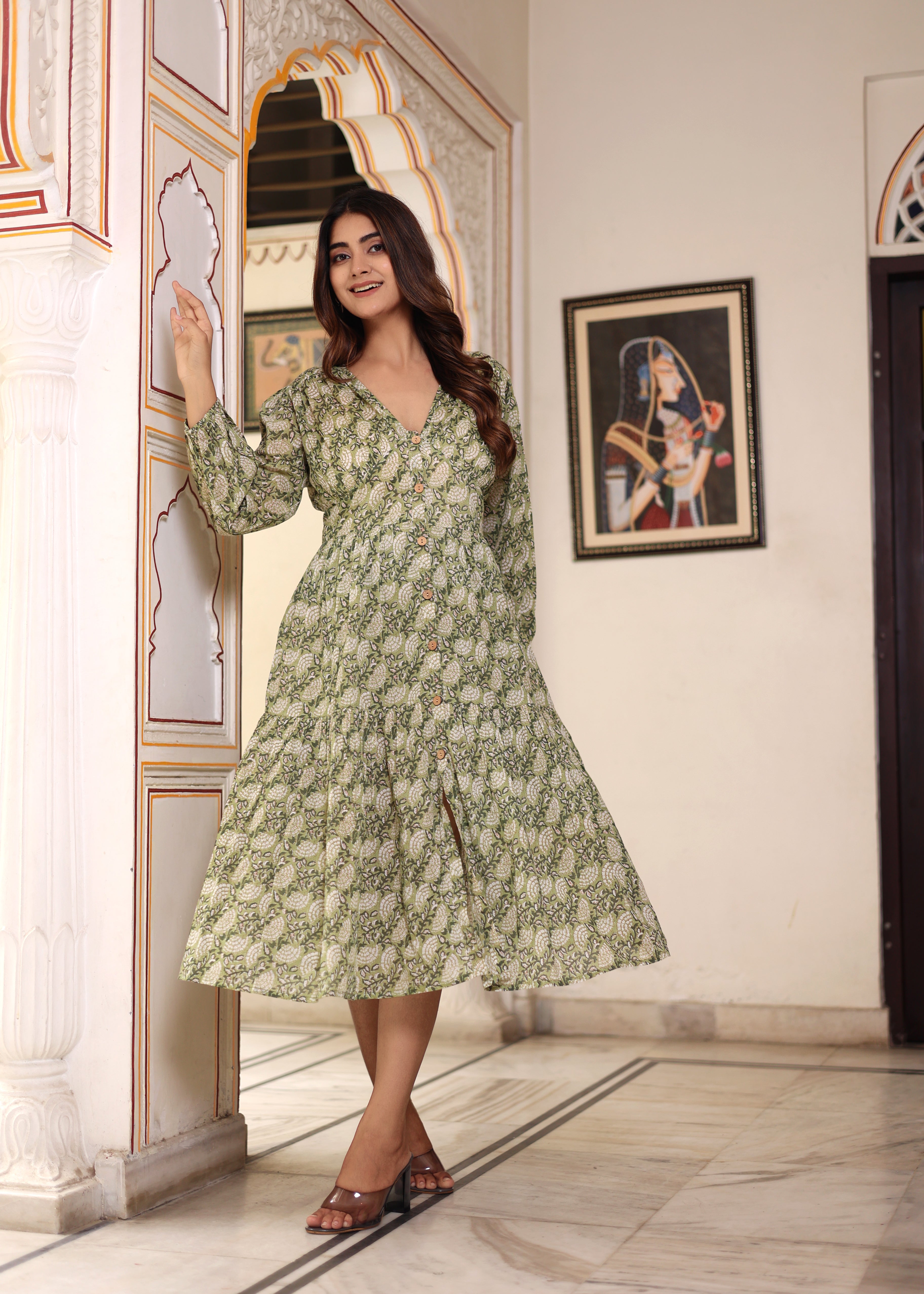 Hand Block Printed Cotton Jean Midi Dress