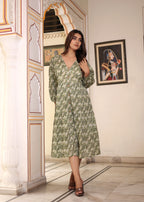 Hand Block Printed Cotton Jean Midi Dress