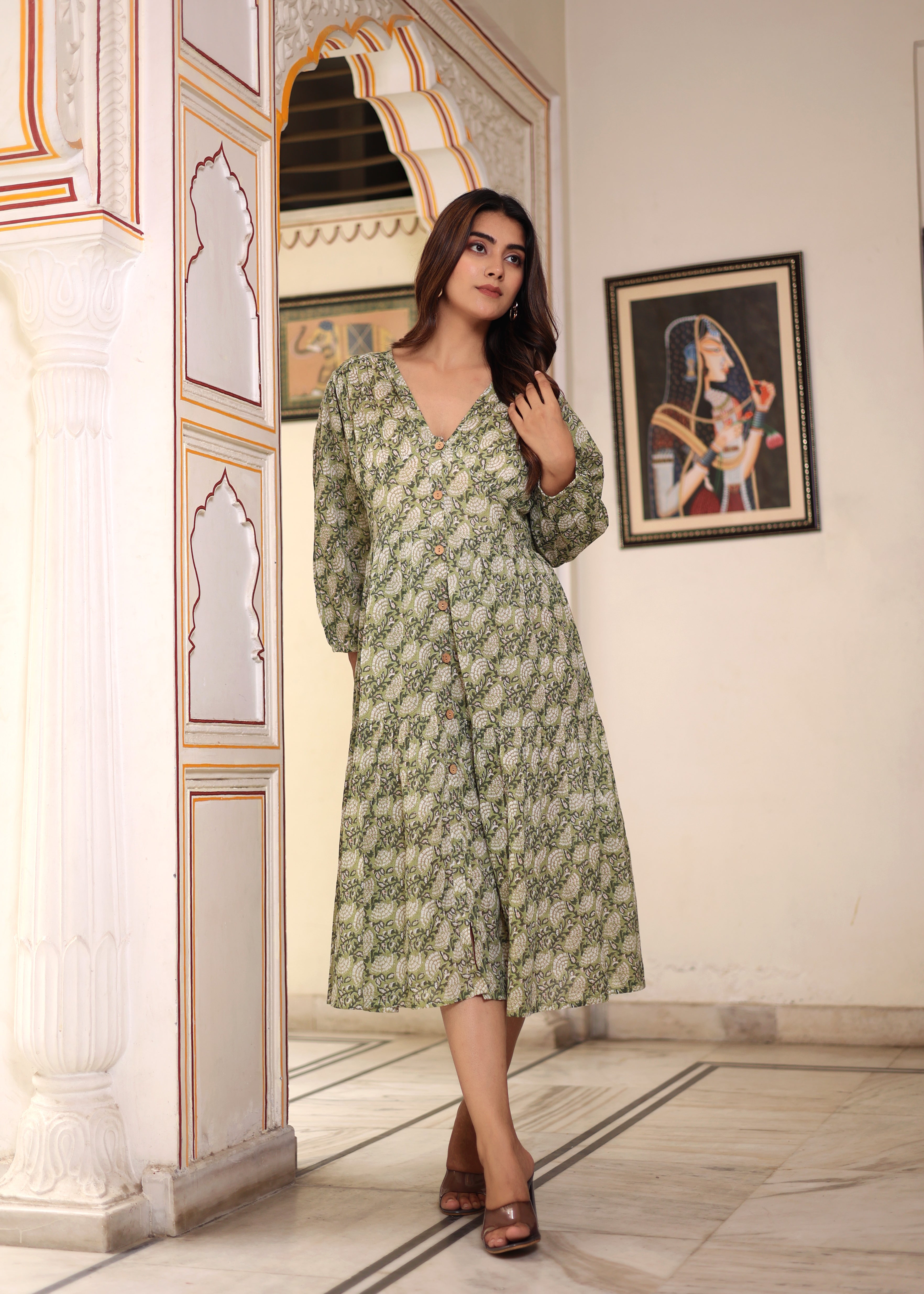 Hand Block Printed Cotton Jean Midi Dress