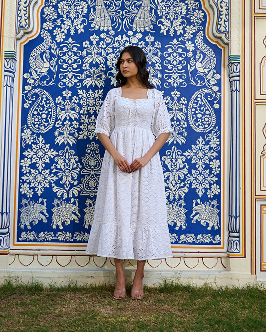 White Cotton Eyelet Midi Dress Vintage-Inspired Summer Dress