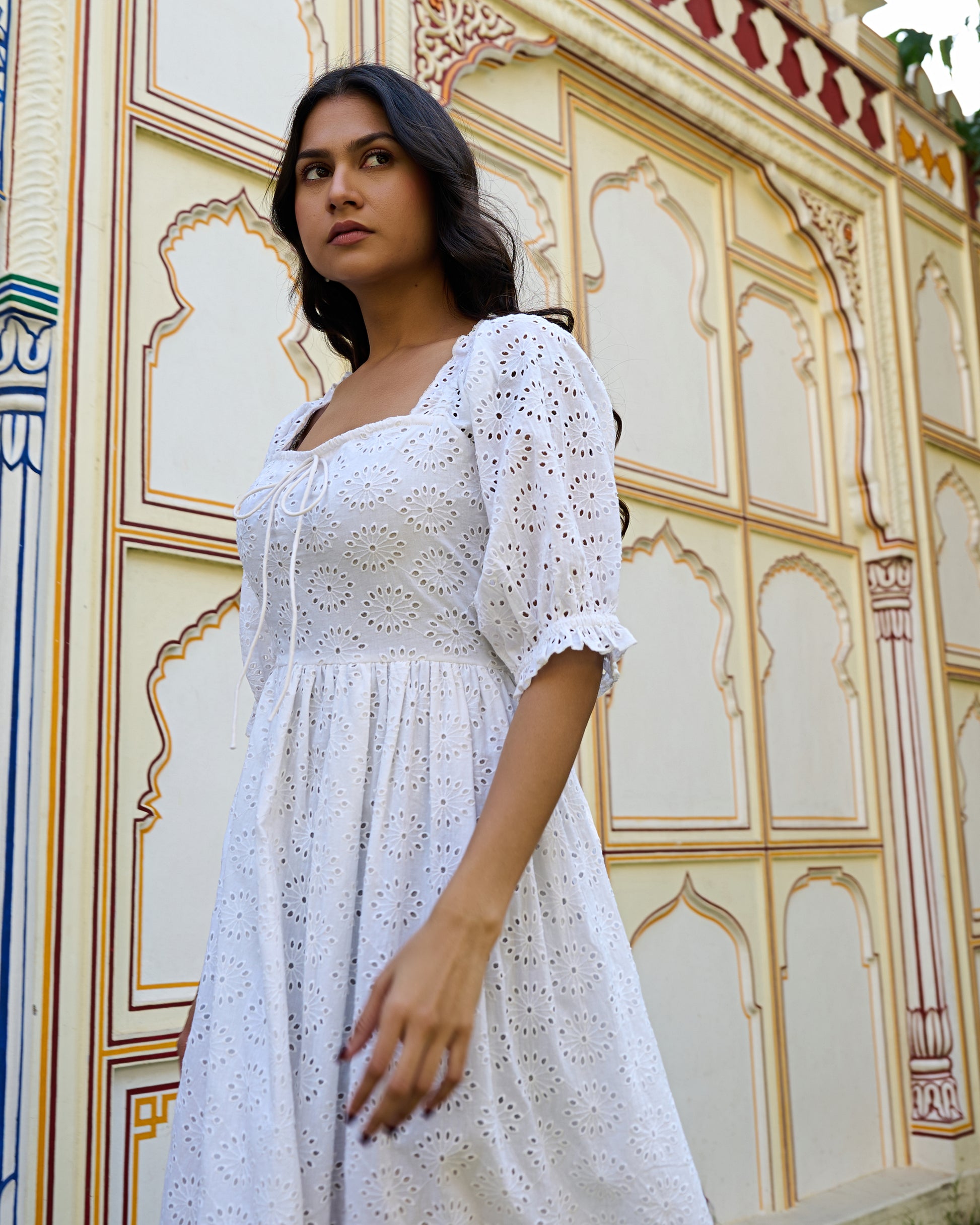 White Cotton Eyelet Midi Dress Vintage-Inspired Summer Dress