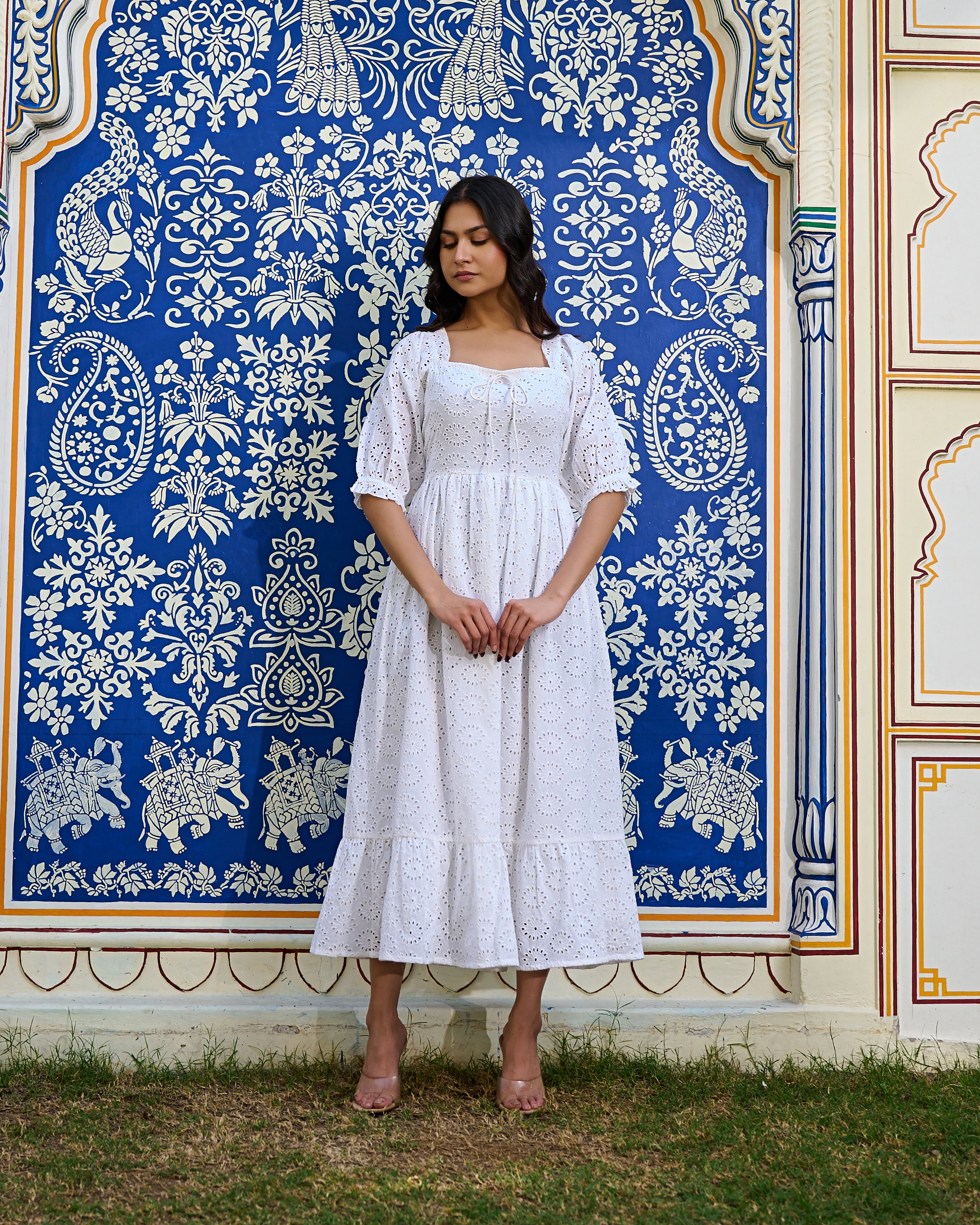White Cotton Eyelet Midi Dress Vintage-Inspired Summer Dress