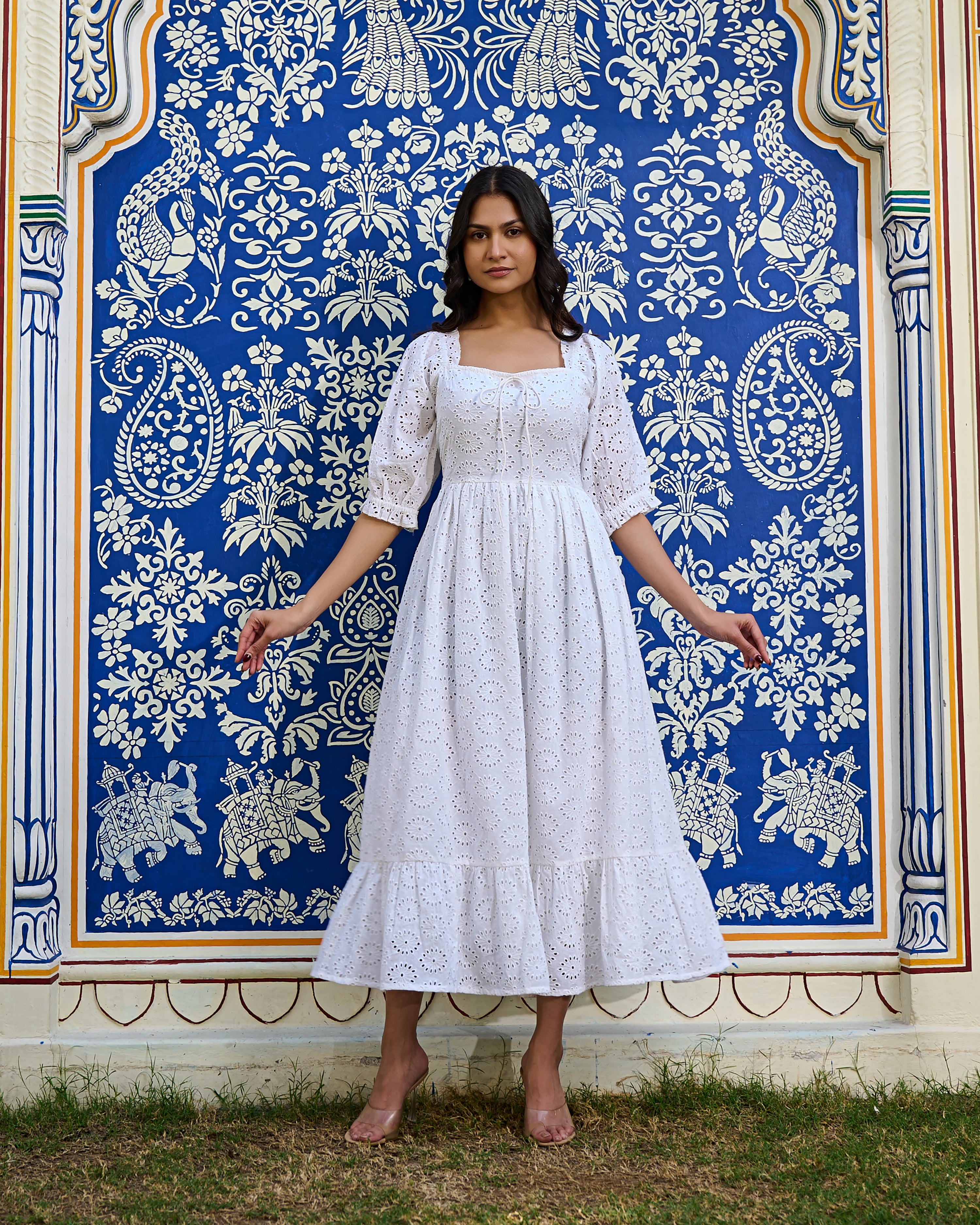 White Cotton Eyelet Midi Dress Vintage-Inspired Summer Dress