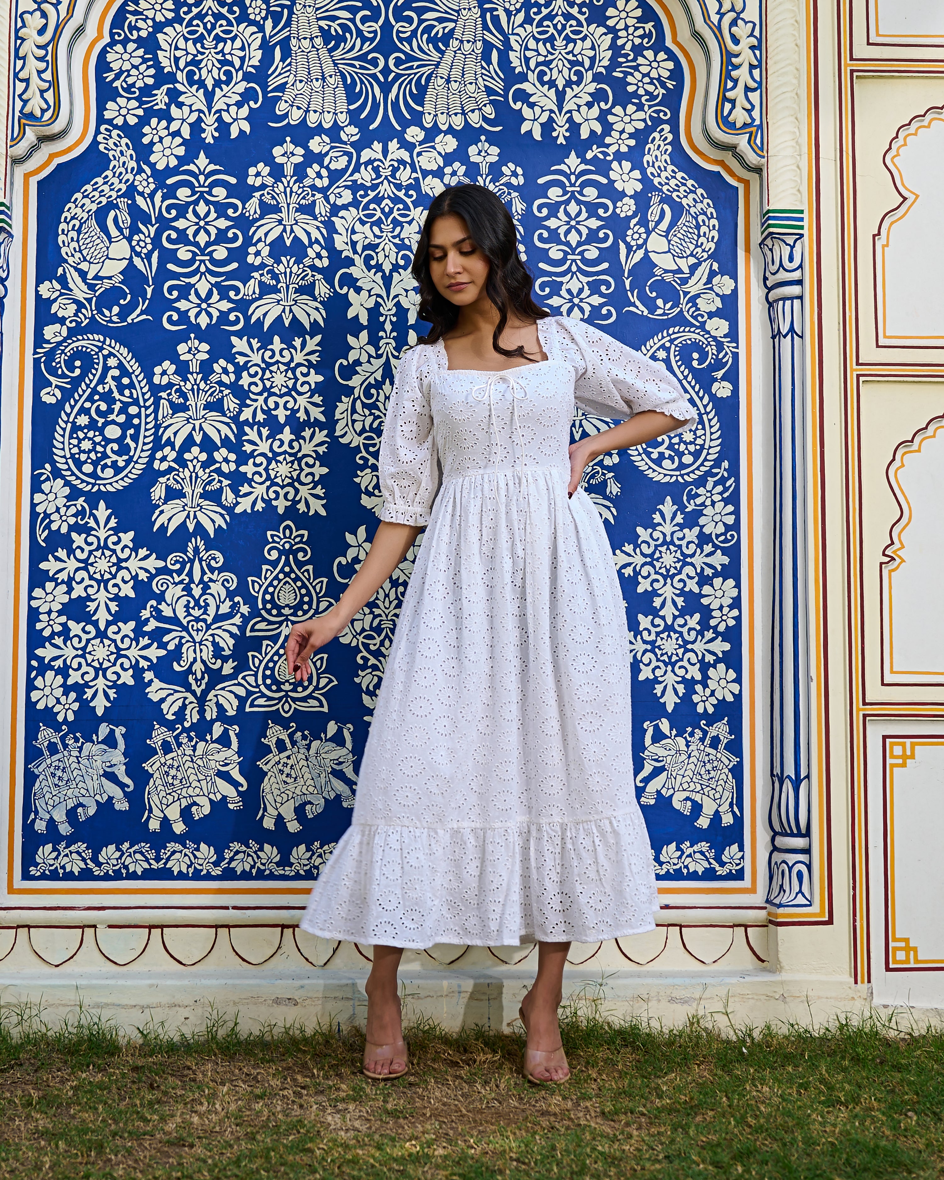 White Cotton Eyelet Midi Dress Vintage-Inspired Summer Dress