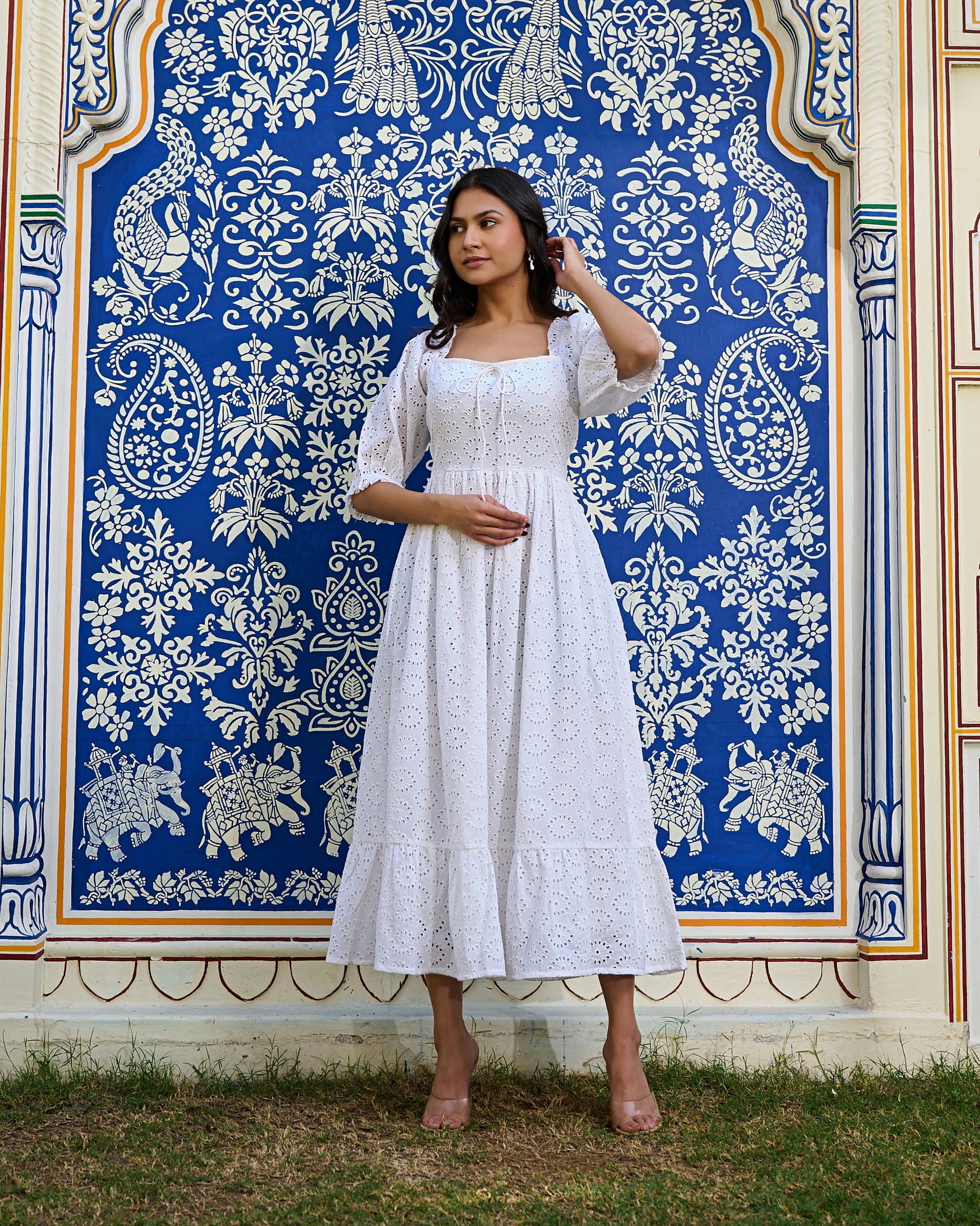 White Cotton Eyelet Midi Dress Vintage-Inspired Summer Dress