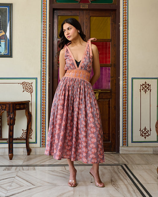 Boho Chic Cotton Orange Midi Dress – Smocked Waist & Tie-Strap Sleeves