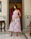 Handcrafted Cotton Midi Dress Striped Floral Print & Spaghetti Straps
