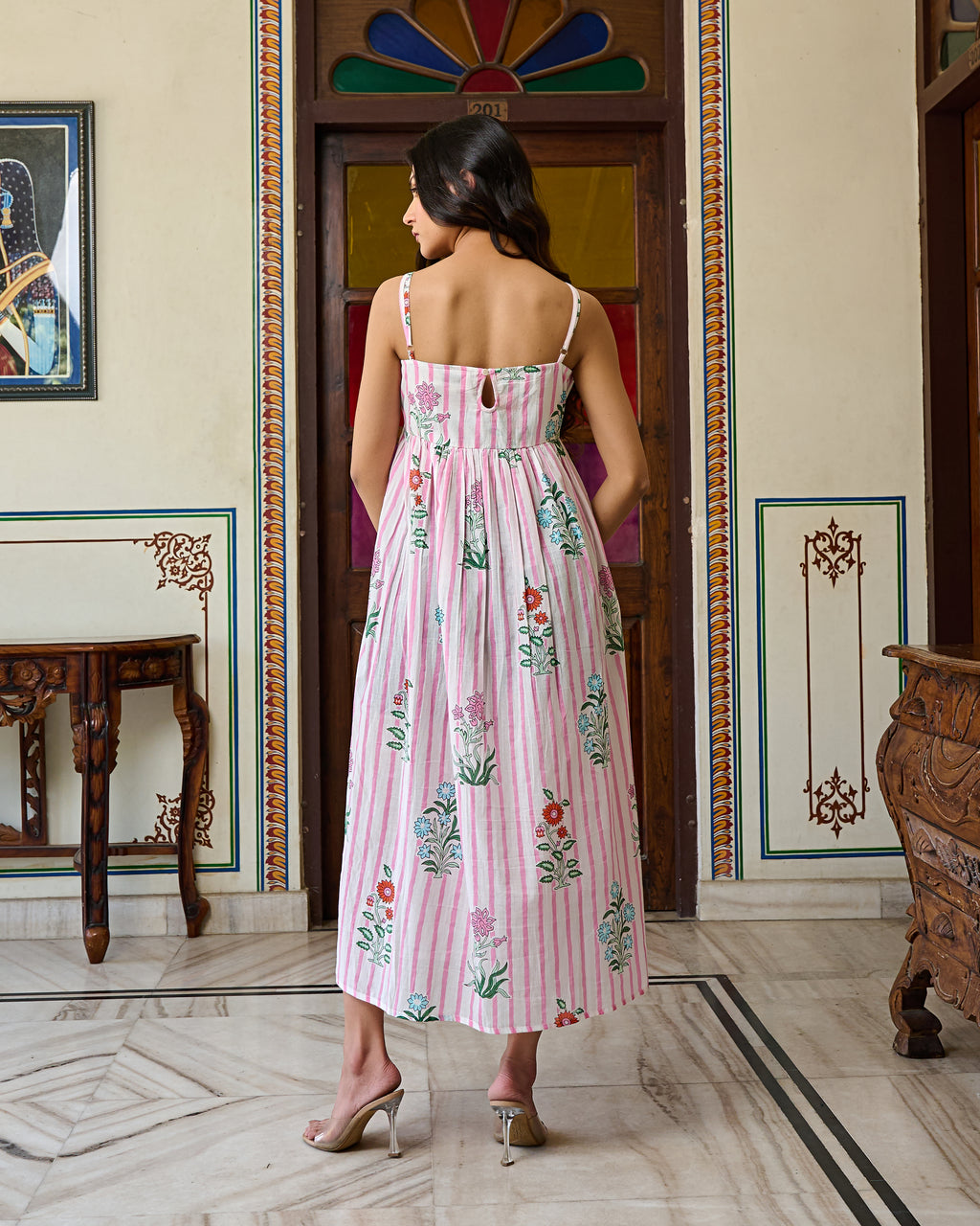 Handcrafted Cotton Midi Dress Striped Floral Print & Spaghetti Straps