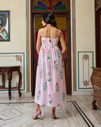 Handcrafted Cotton Midi Dress Striped Floral Print & Spaghetti Straps