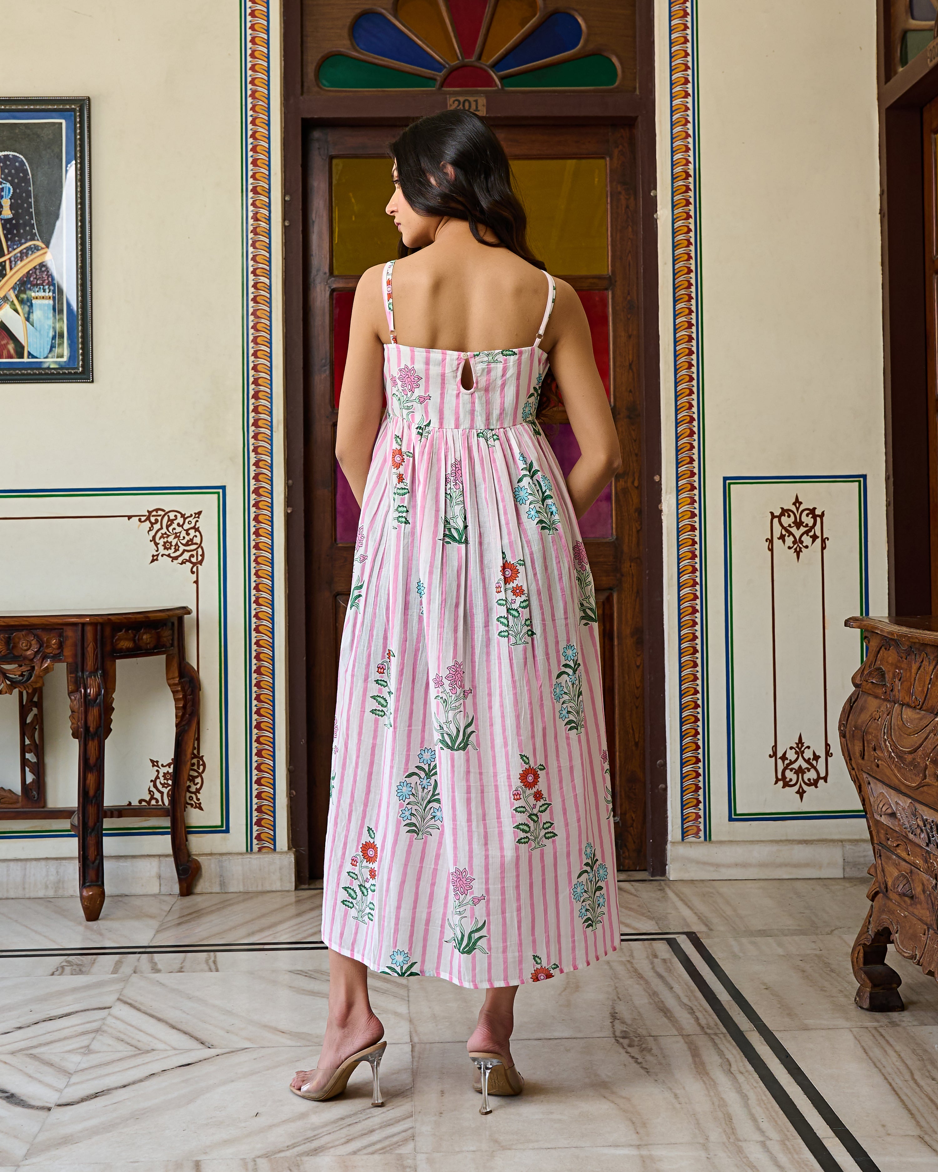 Handcrafted Cotton Midi Dress Striped Floral Print & Spaghetti Straps