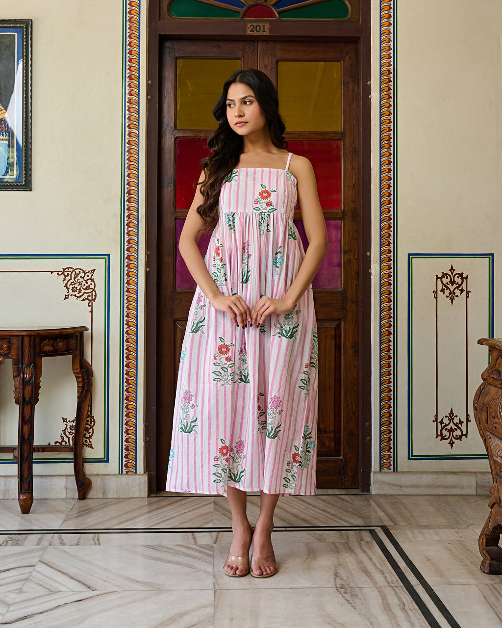 Handcrafted Cotton Midi Dress Striped Floral Print & Spaghetti Straps