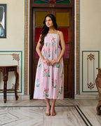 Handcrafted Cotton Midi Dress Striped Floral Print & Spaghetti Straps